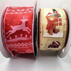 2.5 Inch Wire Edge Christmas Ribbon Set of 2: Bear and Reindeer Total 42.5 Yards
